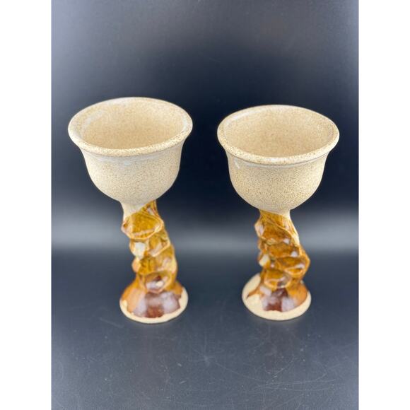 Pair of Handmade Glazed Pottery Wine Goblets - Picture 2 of 7